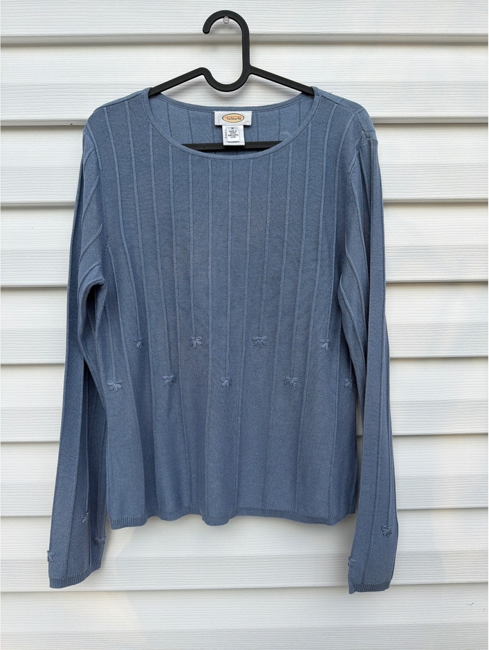 Talbots Women's M Blue Silk Cotton Cashmere Ribbed Embroidered Crew Neck Sweater